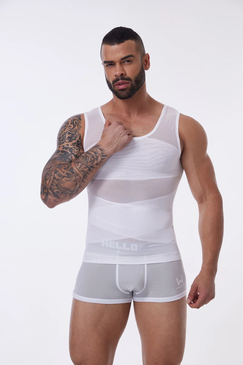 Kompressionsshirt für Männer, schlankmachendes Unterhemd, Body Shaper Tank Top, Gynomastica, ärmellose Shapewear-Weste, Netz-Kreuzanzug, 3XL – Detail 14
