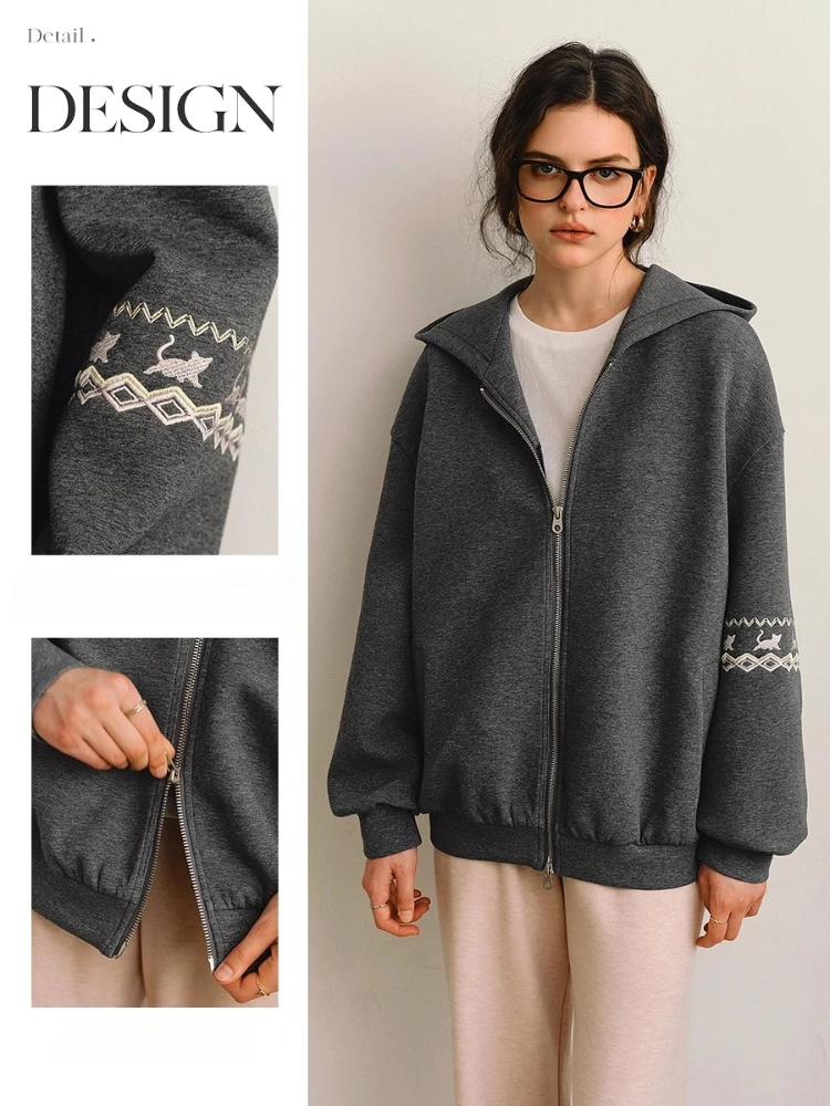 OLrain Lazy Casual Fair Isle Grey Hoodies Women  2025 Autumn New Loose Soft Streetwear Y2K Chic Zip Up Coat O57QW001165