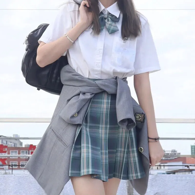 

Japanese School Uniform Style Woman JK Uniform Girl S-XXL Green Sailor Fuku Student Short Sleeve Seifuku Sexy Pleated Skirt