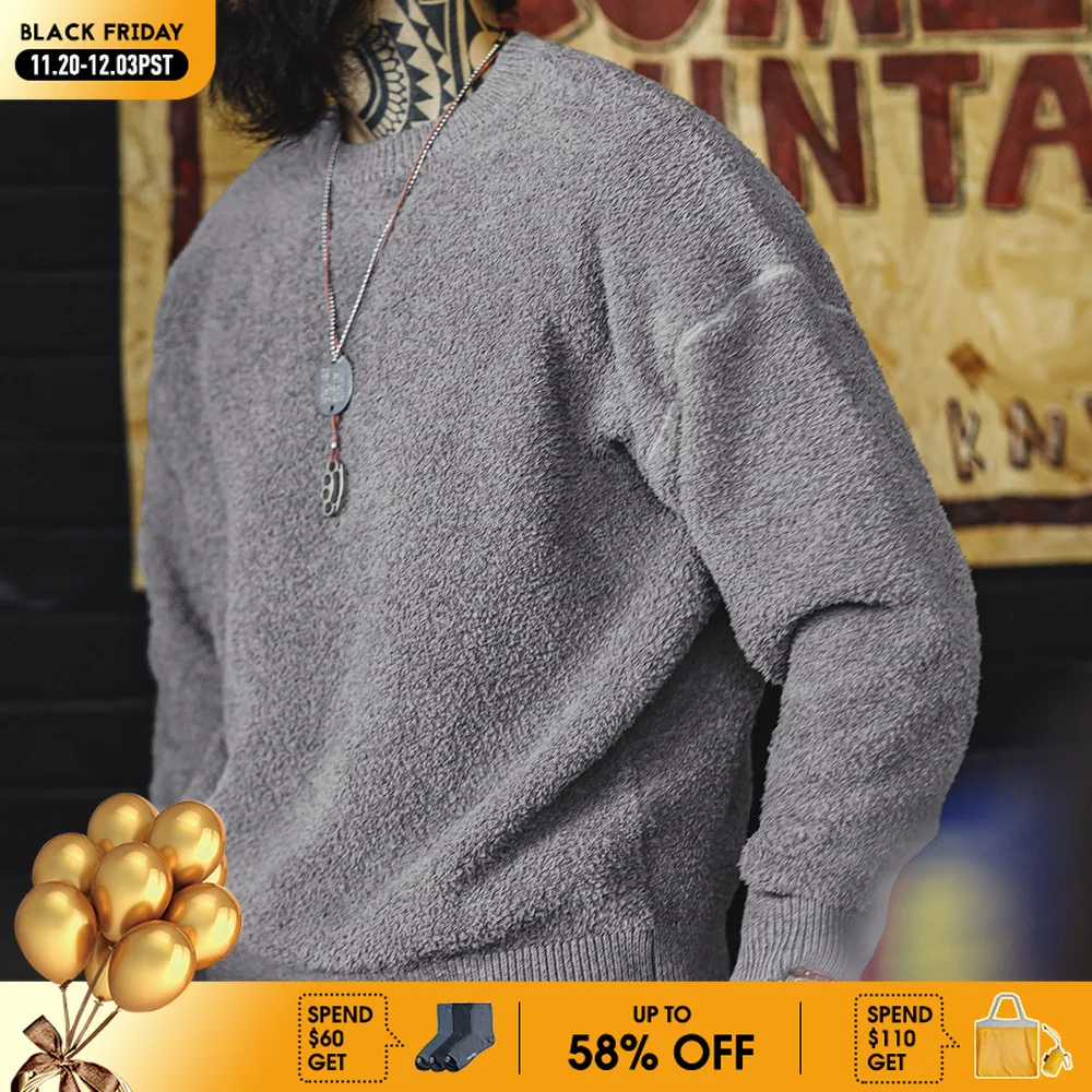 

Maden New Retro Fleece-lined Warm Grey Round Neck Sweater Versatile Pullover for Men with Loose Fit Tops for Autumn and Winter