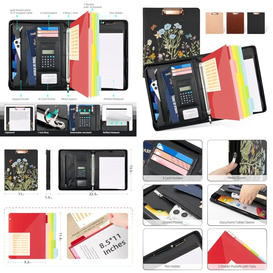 

Leather Portfolio Folder with Zipper - 3 Ring Binder with Clipbard - Calculator, 12.1" Tablet Sleeve, 5 Dividers with 10 Pocket