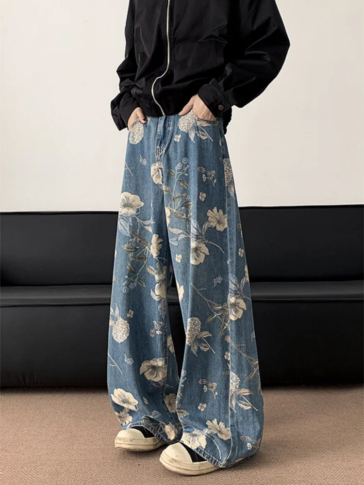 

American Style Loose Wide Leg Jeans Men's Spring Autumn Knife Distressed Straight Cut Jeans Youth Wear Casual Denim