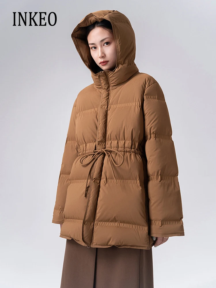 Fashion Winter Hooded Down coat Women\'s Thickened warm 2023 New Adjustable waist puffer Jacket Camel Loose Outwear INKEO 3O127