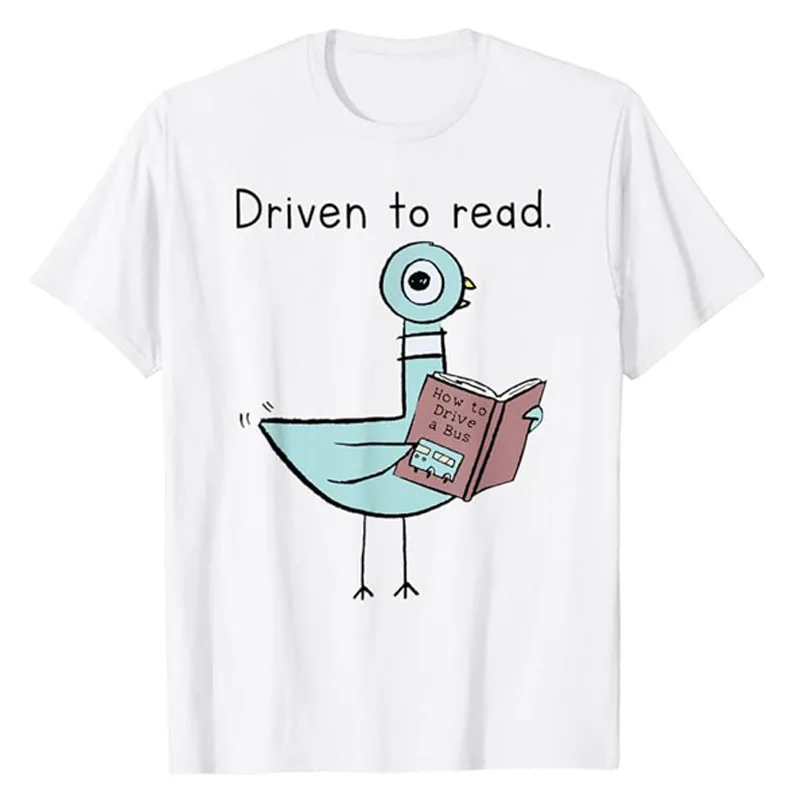 

Driven To Read Pigeon Library Reading Books Reader T-Shirt Funny Book Lover Graphic Tee Teacher Students Librarian Novelty Gift