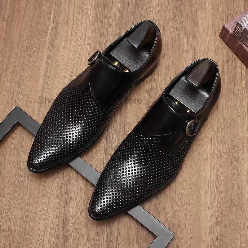 HNXC Men Genuine Leather Shoes Black Coffee Monk Strap Loafers Slip On Luxury Brand Casual Dress Wedding Office Shoes For Men