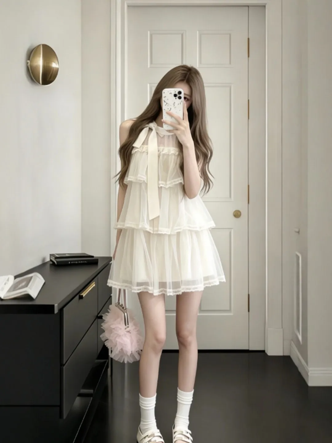 

Gentle Breeze Knot Sleeveless Neck Hanging Dress Beautiful Unique Mesh Flared A-Line Skirt Summer Season Women's Dress
