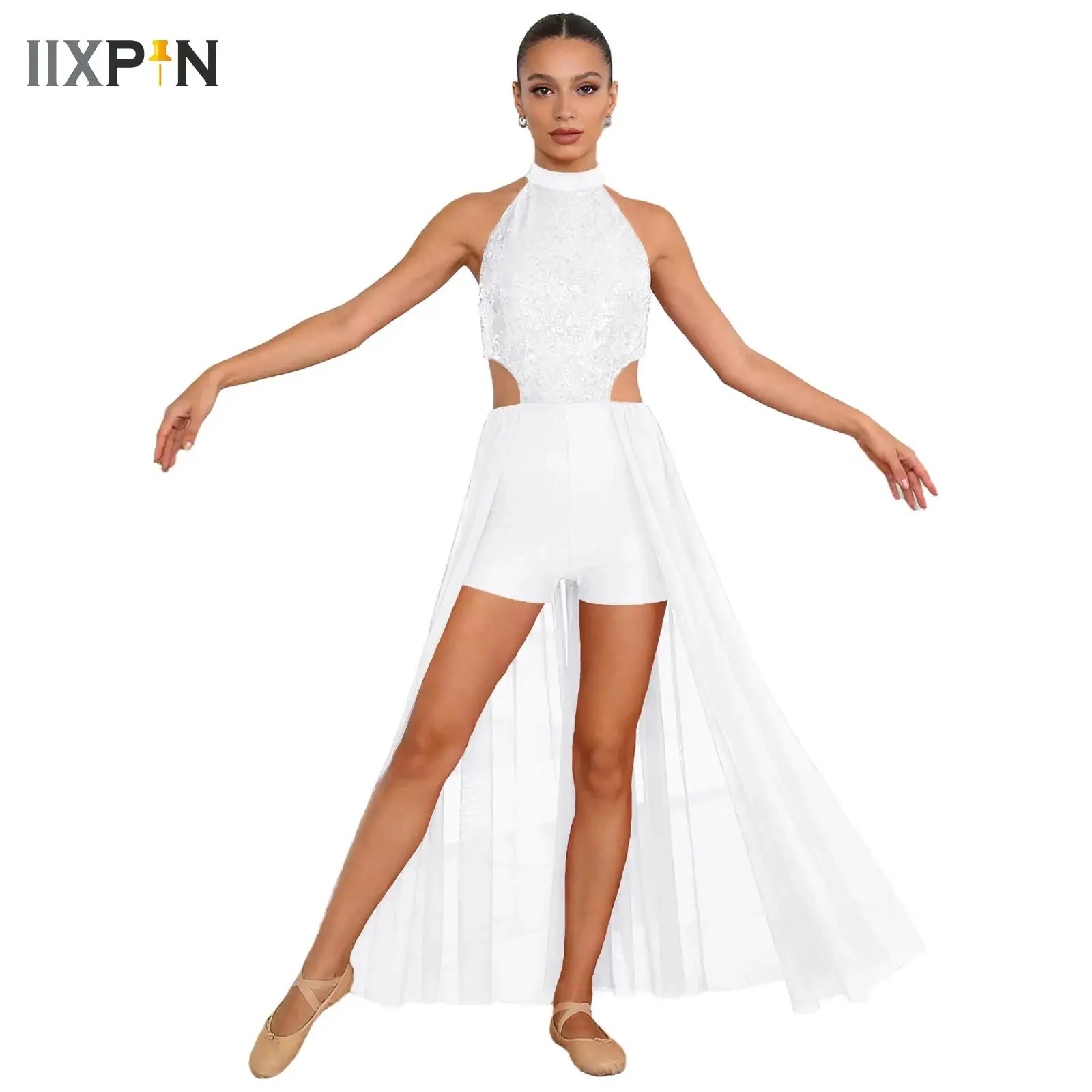 

Womens Sleeveless Modern Dance Dress Lyrical Ballet Leotard Overlay Skirt Figure Skating Contemporary Dancewear Split Long Dress