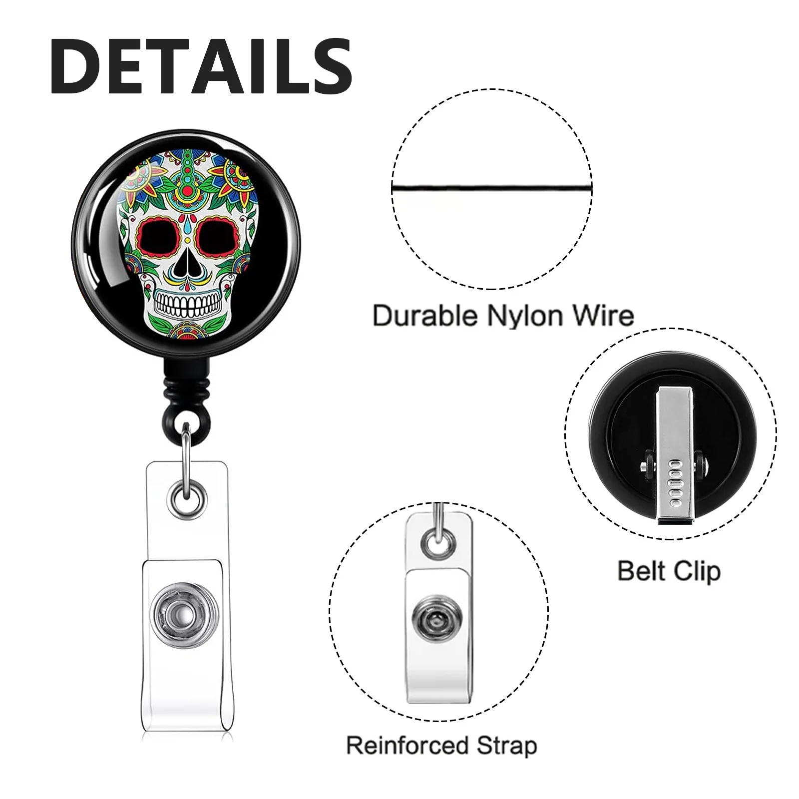 Halloween-Schädel-Abzeichenhalter, Clips, einziehbarer Schlüsselanhänger, mexikanischer Tag der Toten, Ausweisrolle, Schlüsselanhänger für Arzt, Krankenschwester
