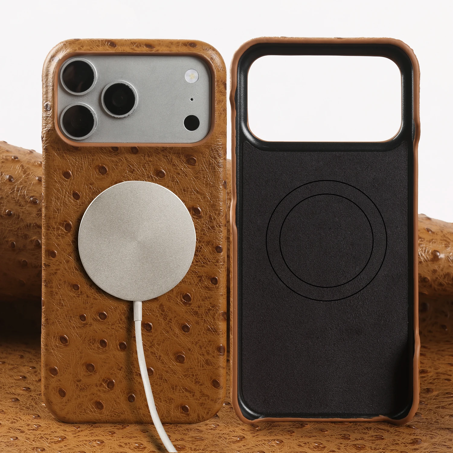 

For Magsafe Ostrich Genuine Leather Case For iphone 17 Pro Max Air 17e 16 16e 15 14 Plus 13 Mini 12 11 Back Cover Cases Coque