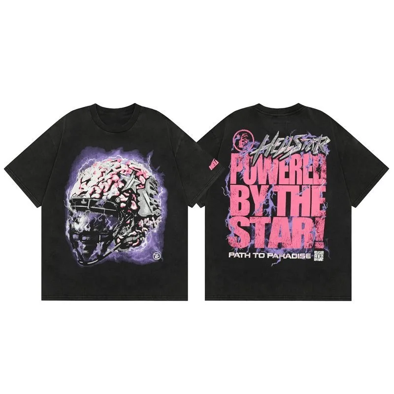 Hellstar Alien Skull Print Washed Distressed High Street American Unisex Men Women Short Sleeve T-Shirt Streetwear
