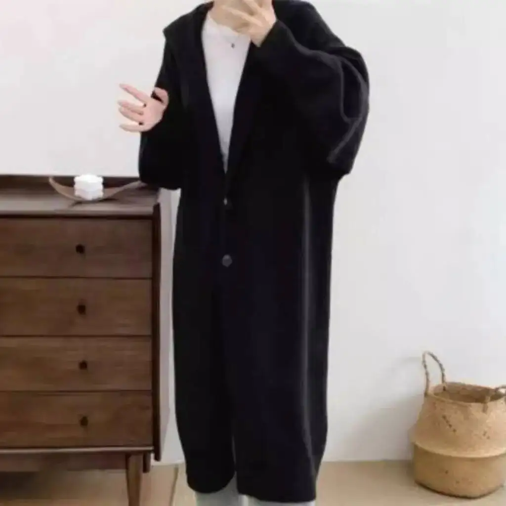 여성용 가을 겨울 후드 달린 롱 니트 가디건 심플한 단색 프렌치 스타일 캐주얼 코트