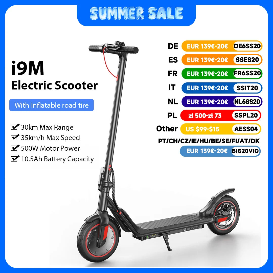 Trottinette électrique iScooter i9m 7.5Ah 500w, pliable, vitesse maximale 35 km/h, autonomie 30 km, pneus pneumatiques 10 pouces, application mobile.