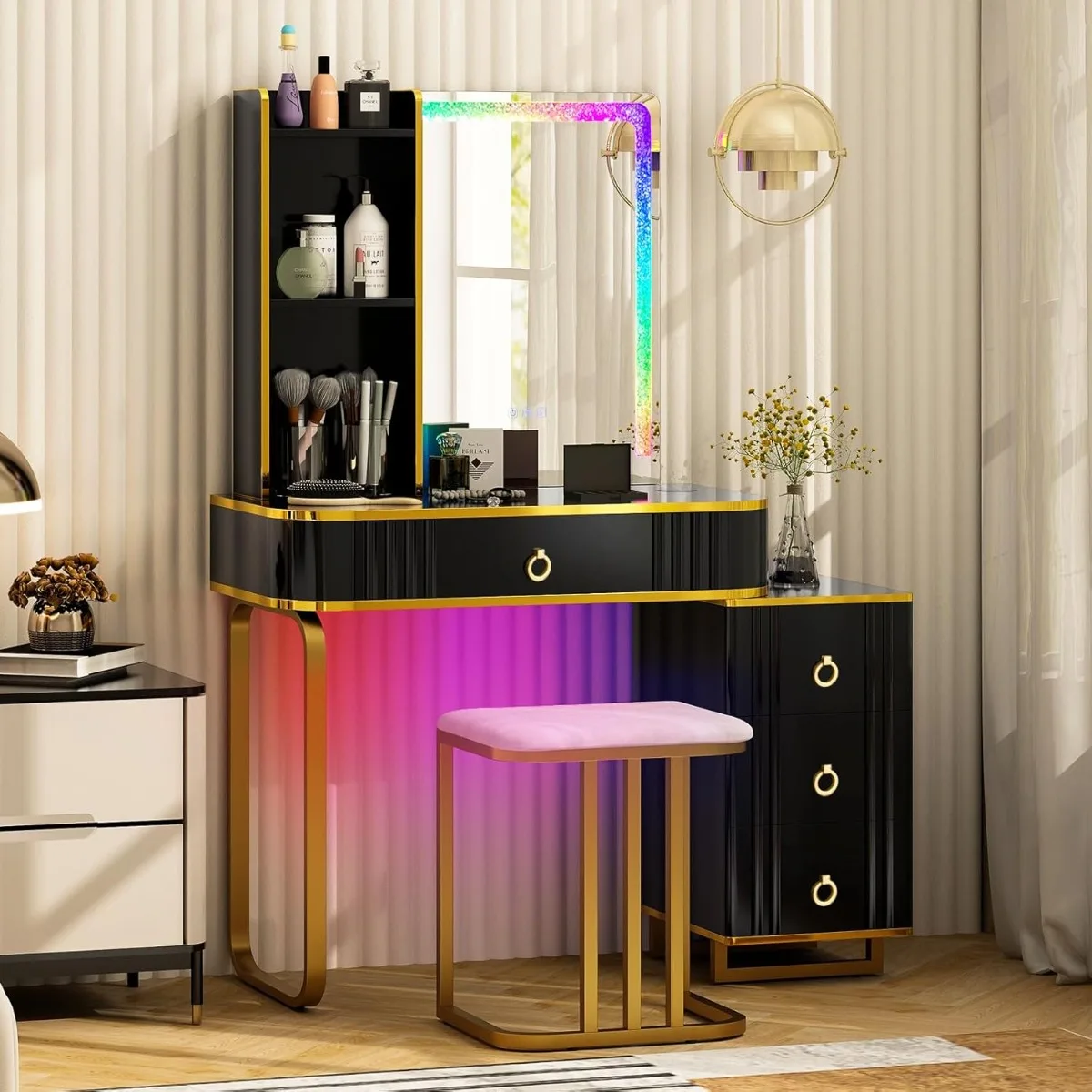 

LED Makeup Vanity Table, Colorful Lighted Mirror, 7 Dynamic & 7 Static Modes, 3-drawer Chest