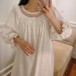 2024 New French Fairy Nightdress Women Lace Gauze Long Sleeve Pure Cotton Court Palace Pajamas Pajamas Spring Summer Nightgown