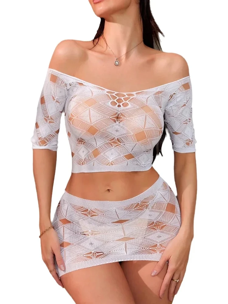 FHSEER 2pcs Women See Through Sexy Set Off Shoulder Hollow Out Crop Top & Mini Skirt Exotic Summer Beach Club Party Wear Teddy