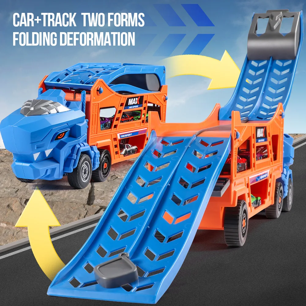 Zabawka - ciężarówka z torami dla dinozaurów, bez baterii, wyposażona w 6 metalowych samochodzików wyścigowych, na Boże Narodzenie, prezenty urodzinowe dla dzieci