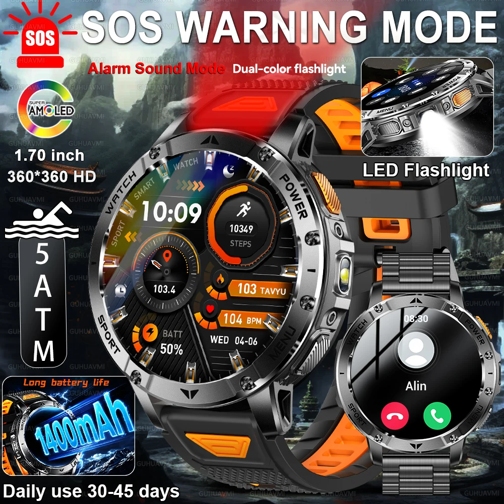 Neue Outdoor-Sport-Fitness-Smartwatch mit 1,7-Zoll-Display, 1400-mAh-Akku, wasserdicht, SOS-Funktion, zweifarbiger Taschenlampe, Bluetooth-Anruffunktion für Herren