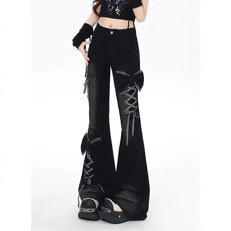 3D Butterfly Bow Black Bell Bottom Jeans Women Y2K High-Waisted Skinny Fit Fall Winter Design Slim Flattering Denim Pants New