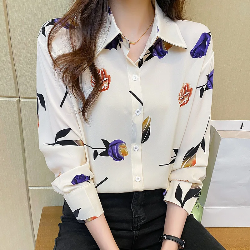 2023 Autumn New Joker Fashion Printed Silk Slim Long Sleeve Lapel Blouse Rarf Women Blouses Summer Short Top Fugees Shirt Tops &