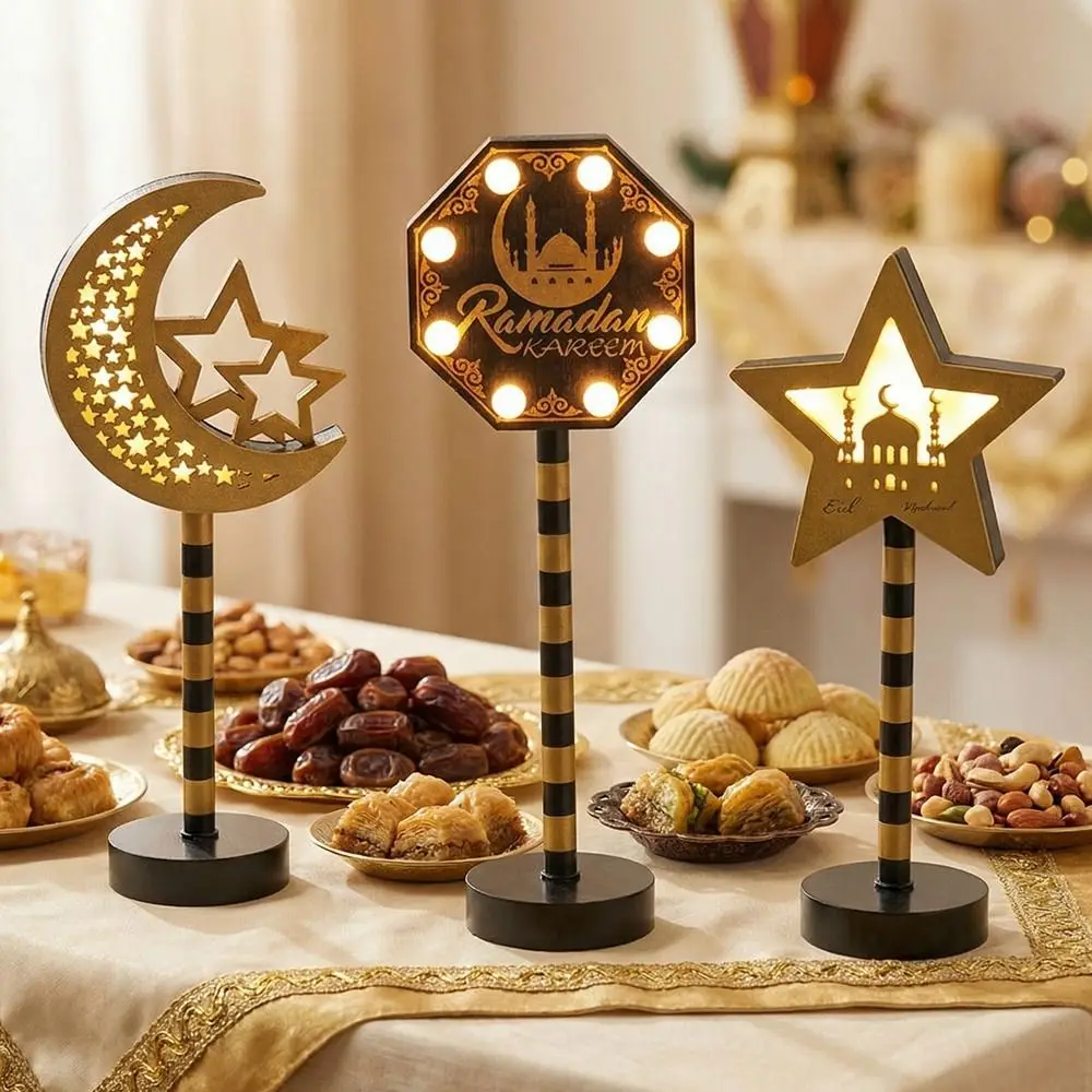 木製シェルledムーンライト省エネ装飾スターナイトライト-イード・ムバラク-ledビーズ-クレセントムーンランプ-デスクトップデコレーション