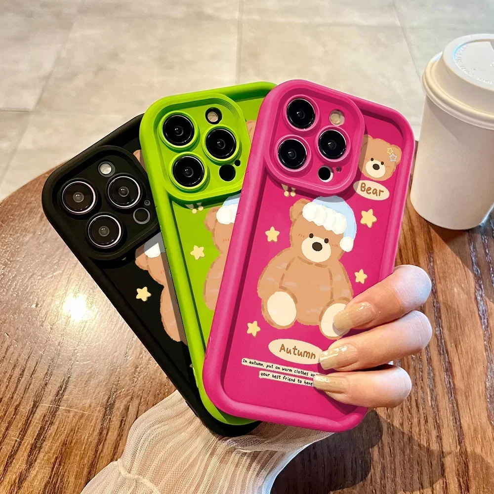 

Korean Cute Cartoon Bear Phone Case For iPhone 14 15 Pro Max 11 12 13 XR XS X 7 8 15 Plus SE Soft Shockproof Bumper Back Cover