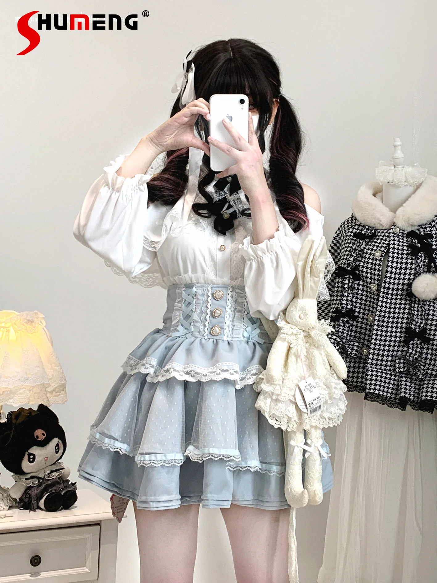 

Original Japanese Sweet Cute Girl's Lolita Blouses Lace Patchwork Stand Collar Bow Off-Shoulder Long Sleeve Shirts Top for Women