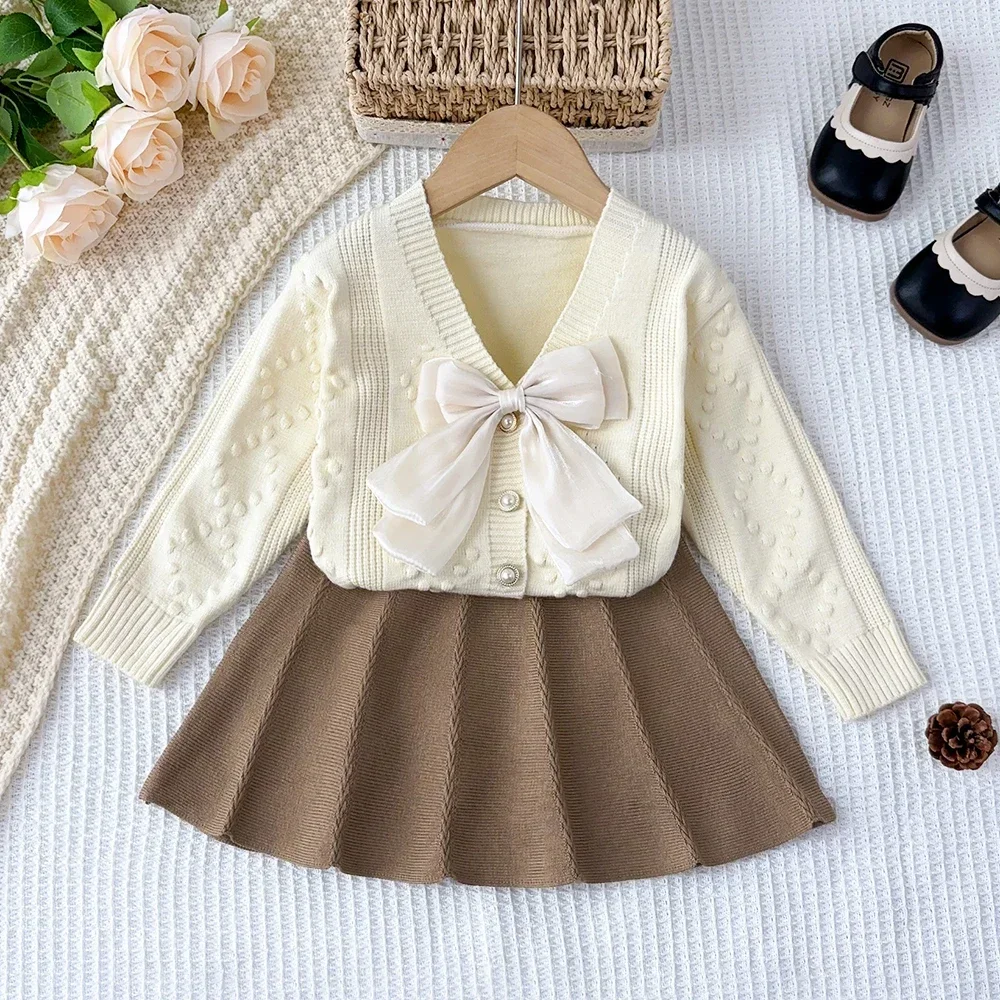 Girls Clothes Bow V-neck Single Breasted Cardigan Sweater+pleated Skirt Two-piece Sets Sweet and Cute College Style Set