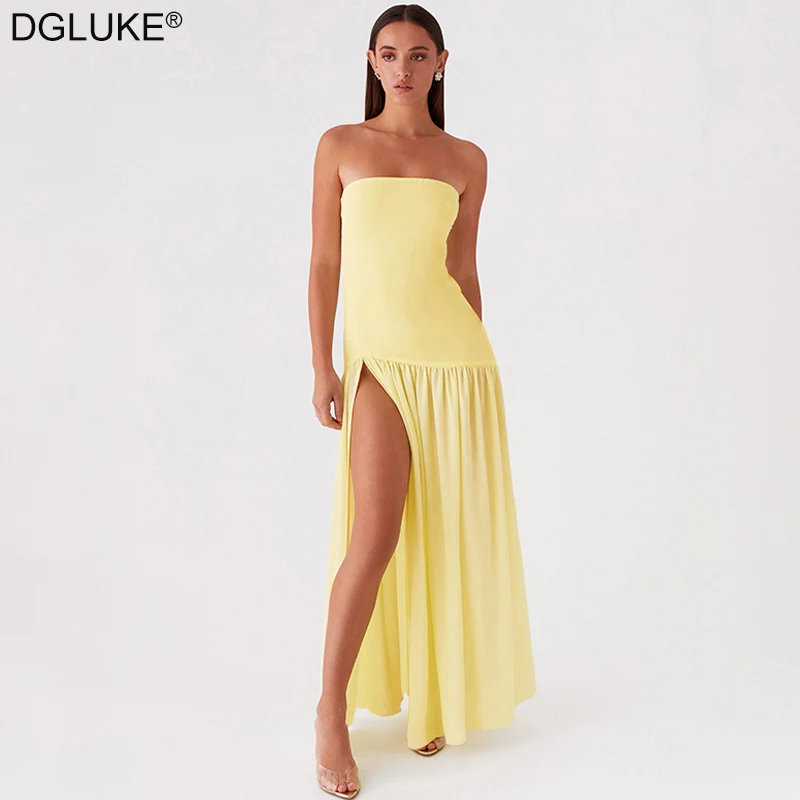 DGLUKE Strapless High Split Long Dress Women Drop Waist Pleated Maxi Dress Sexy Elegant Gown Evening Dress For Women