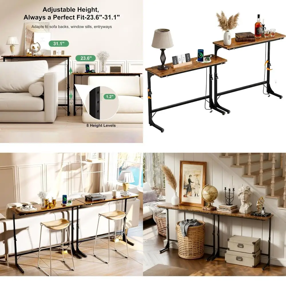 Adjustable Width Console Table 11.8W x 78.8L for Sofa, Charging Station, Rustic Brown