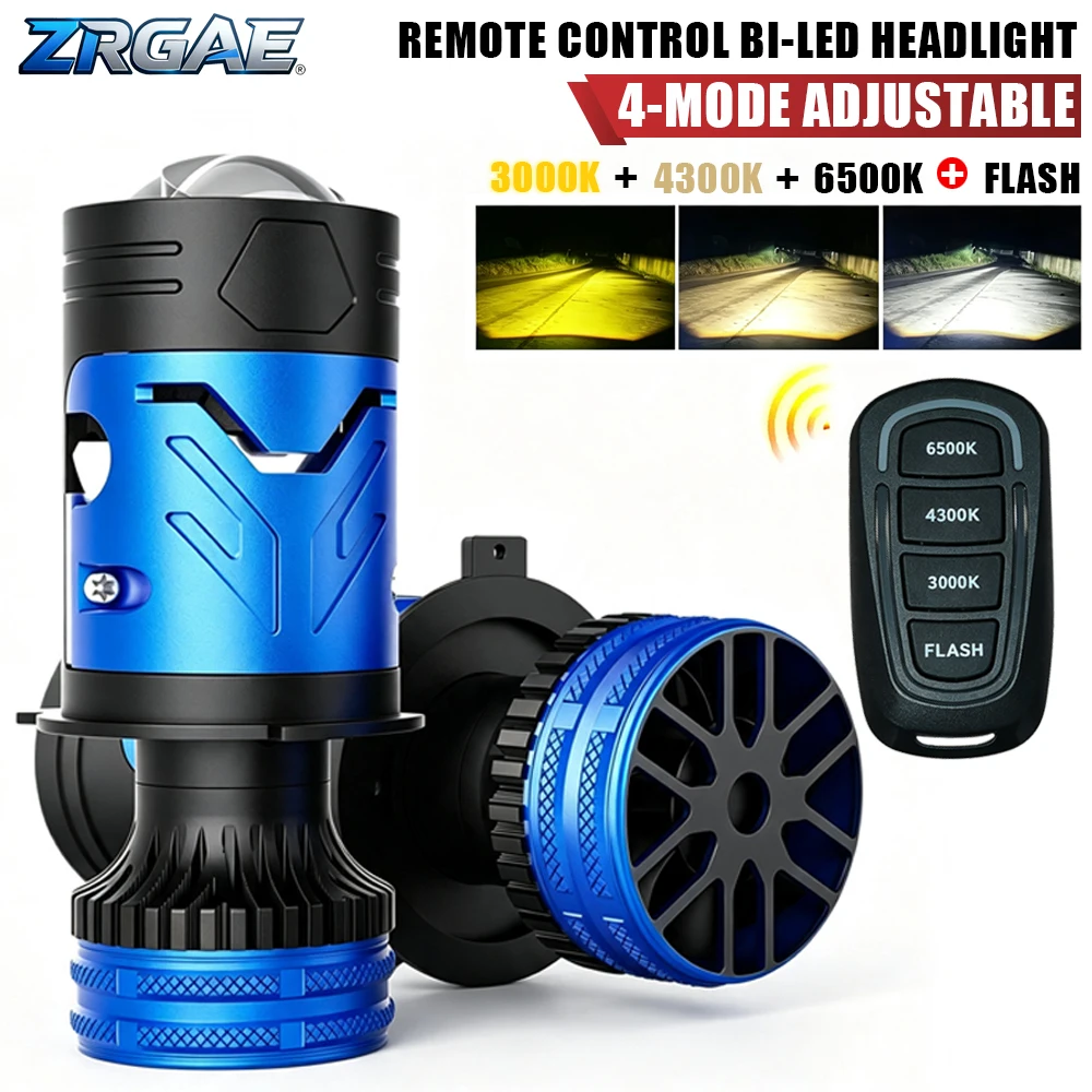H4 LED Projector Car Headlight Mini Bi LED Lens Tri Color Remote Control Auto High/Low Beam 6500K 4300K 3000K Canbus Fan Cooling
