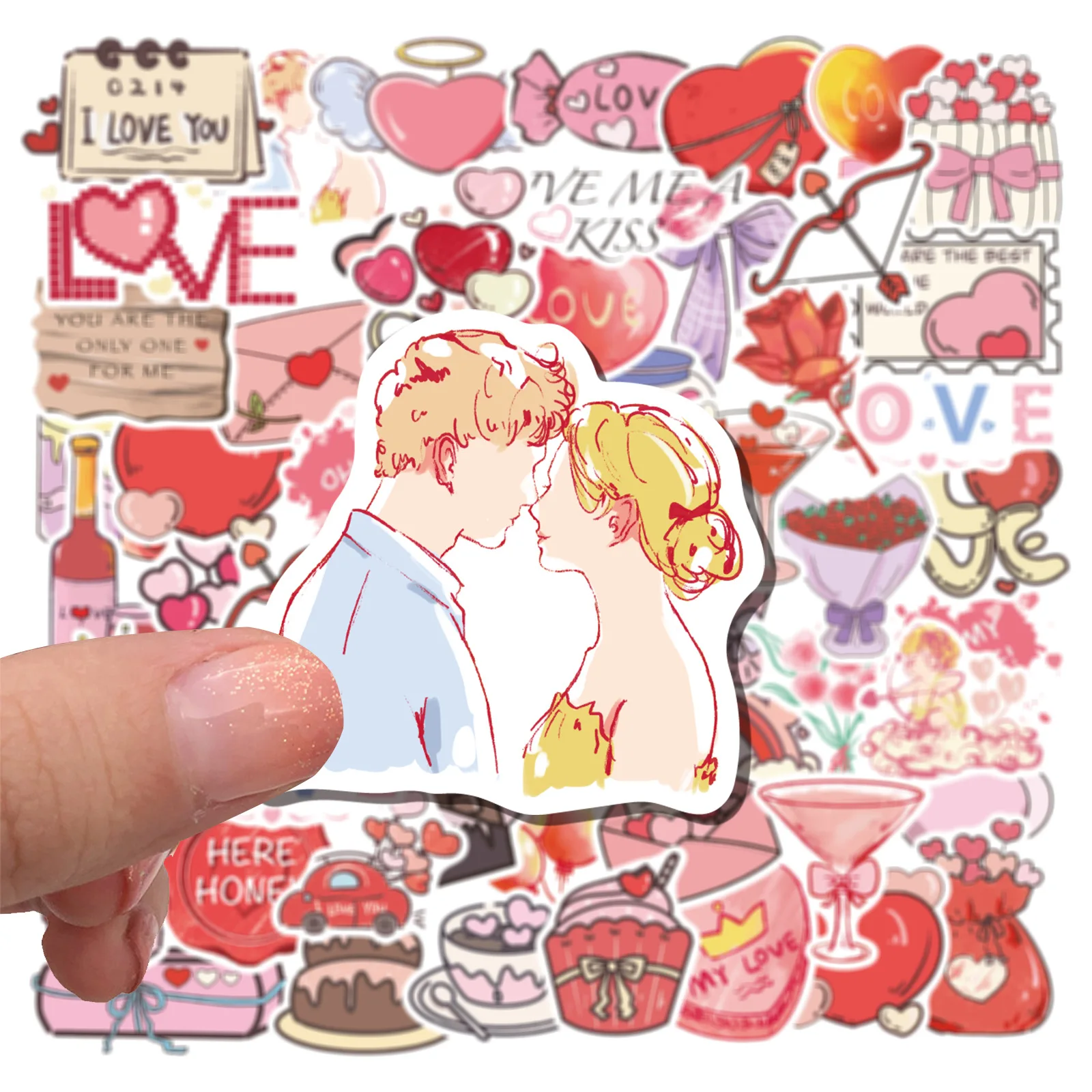 50 Pcs Valentines Day Letter Stickers Pink Heart Luggage Motorcycle Trolley Case Notebook Wall Waterproof Stickers
