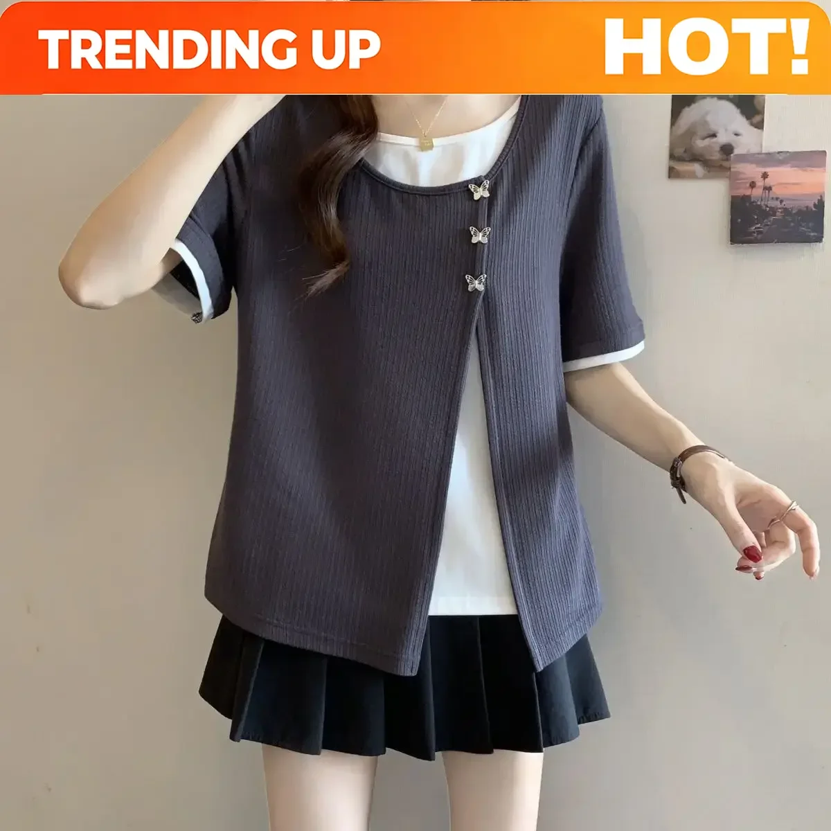 Customization Spring And Summer Large-size Women's Clothing New Commuter Style Loose And Thin Versatile Butterfly Buckle