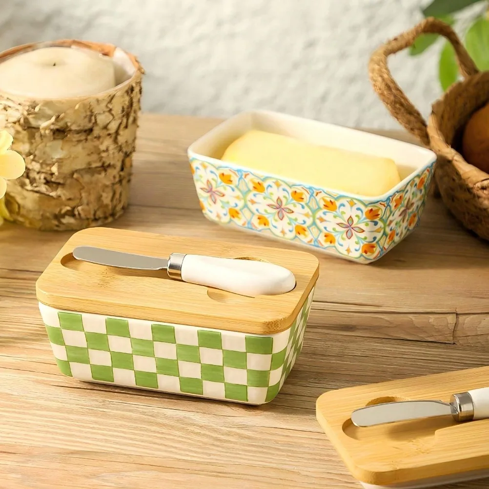 Rural Style Ceramic Butter Box Cheese with Knife and Lid Storage Box Household Kitchen Organizers Cheese Storage Containers