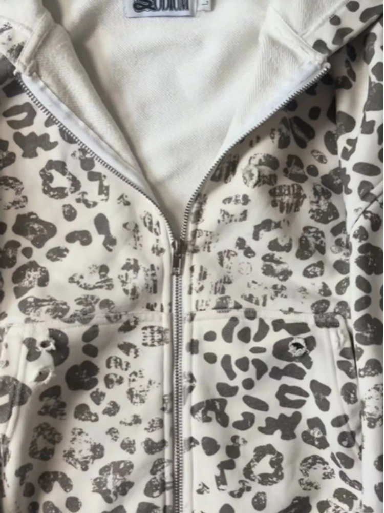 Autumn and winter fur collar retro y2k men's and women's personalized street fashion printed hooded zipper sweatshirt