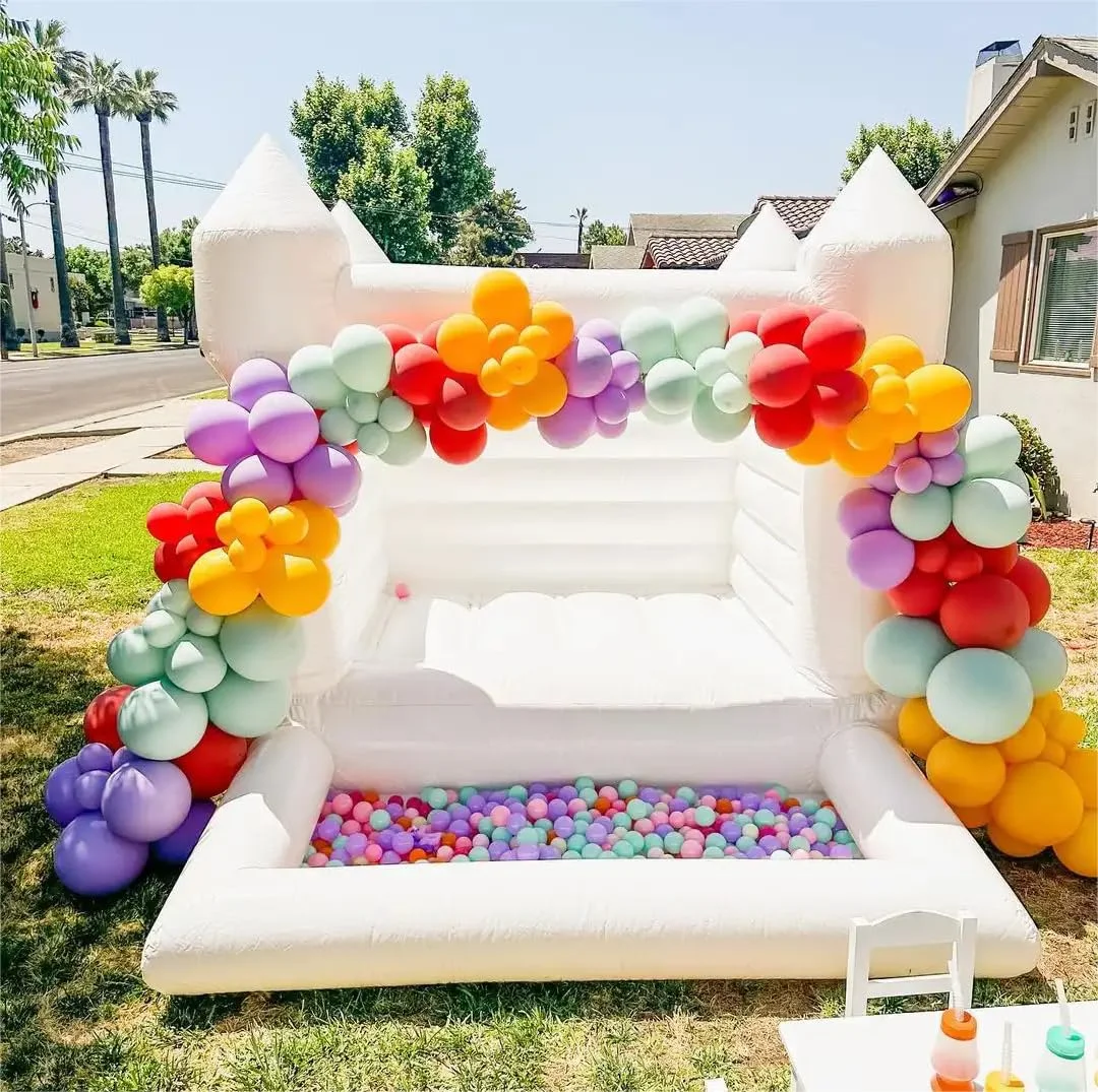 10X8FT Inflatable White Bounce House Castle with Ball Pit&Air Blower, White Jumper Bouncy Castle Wedding Decoration Jumping Bed