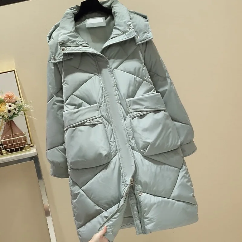 2023 New Women Down Cotton Coat Winter Jacket Female Korean Version Loose Parka Mid Length Version Outwear Thick Hooded Overcoat