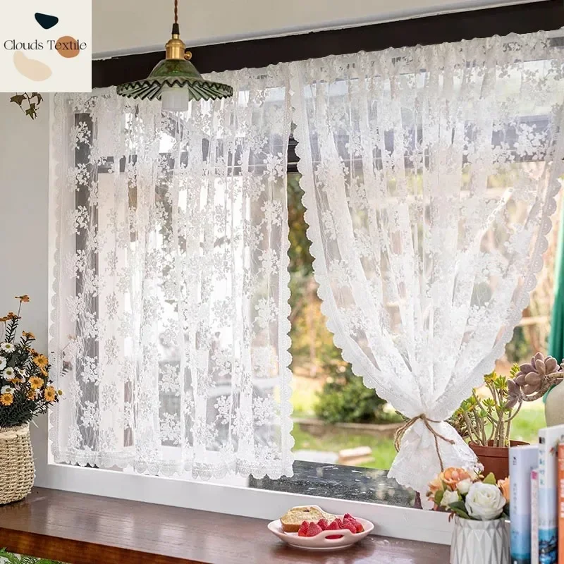 

1PC Short Flower Curtain Kitchens Small White Lace Gauze Tulle Blackout Partition Door Decor Floating Window Half Curtains