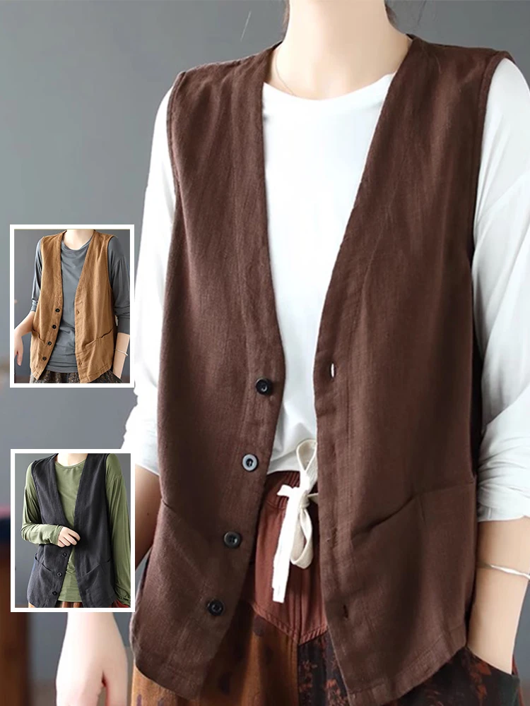 

Ретро однотонный хлопковый льняной жилет женский летний новый свободный v-образный вырез повседневный универсальный топ на пуговицах модная повседневная одежда