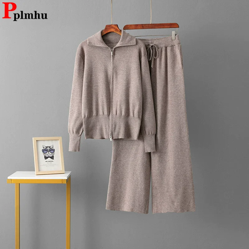 

Элегантный новый вязаный комплект из 2 предметов, женский свитер на молнии с лацканами, кардиган, топы, Conjuntos, повседневные прямые брюки с высокой талией, наряд