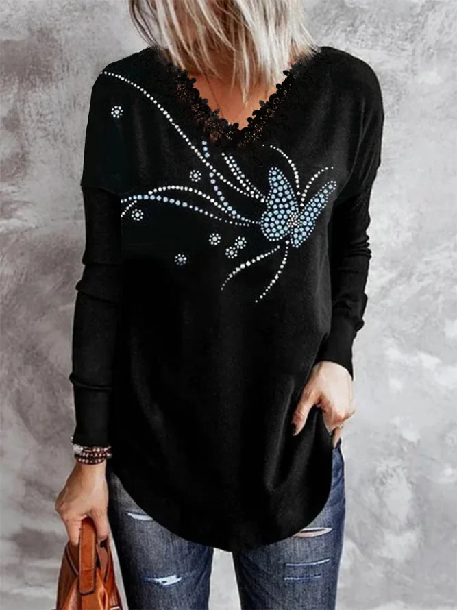 Spring and Autumn Fashion Women's Printed V-neck Lace Long Sleeve T-shirt Female & Lady Casual Versatile Top Shirts