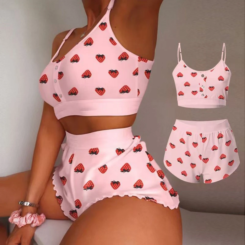 

Womens New Printed Pajamas Suits Fashion Suspenders Tights Sweet Home Clothes Women's Erotic Lingerie