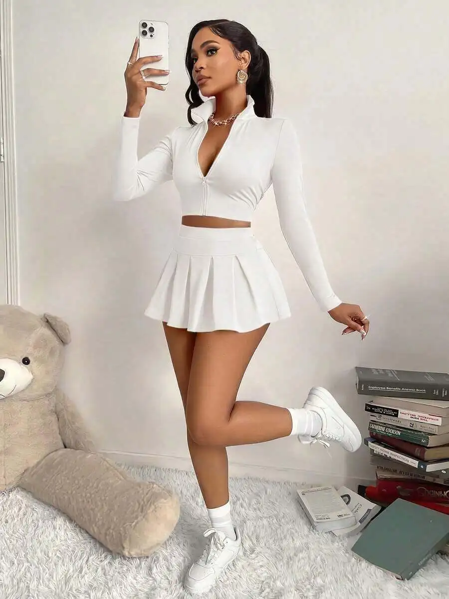 

Womens 2-Piece Set: Zipper Crop Top And Pleated Skirt, Casual Elegant Sporty Outfit