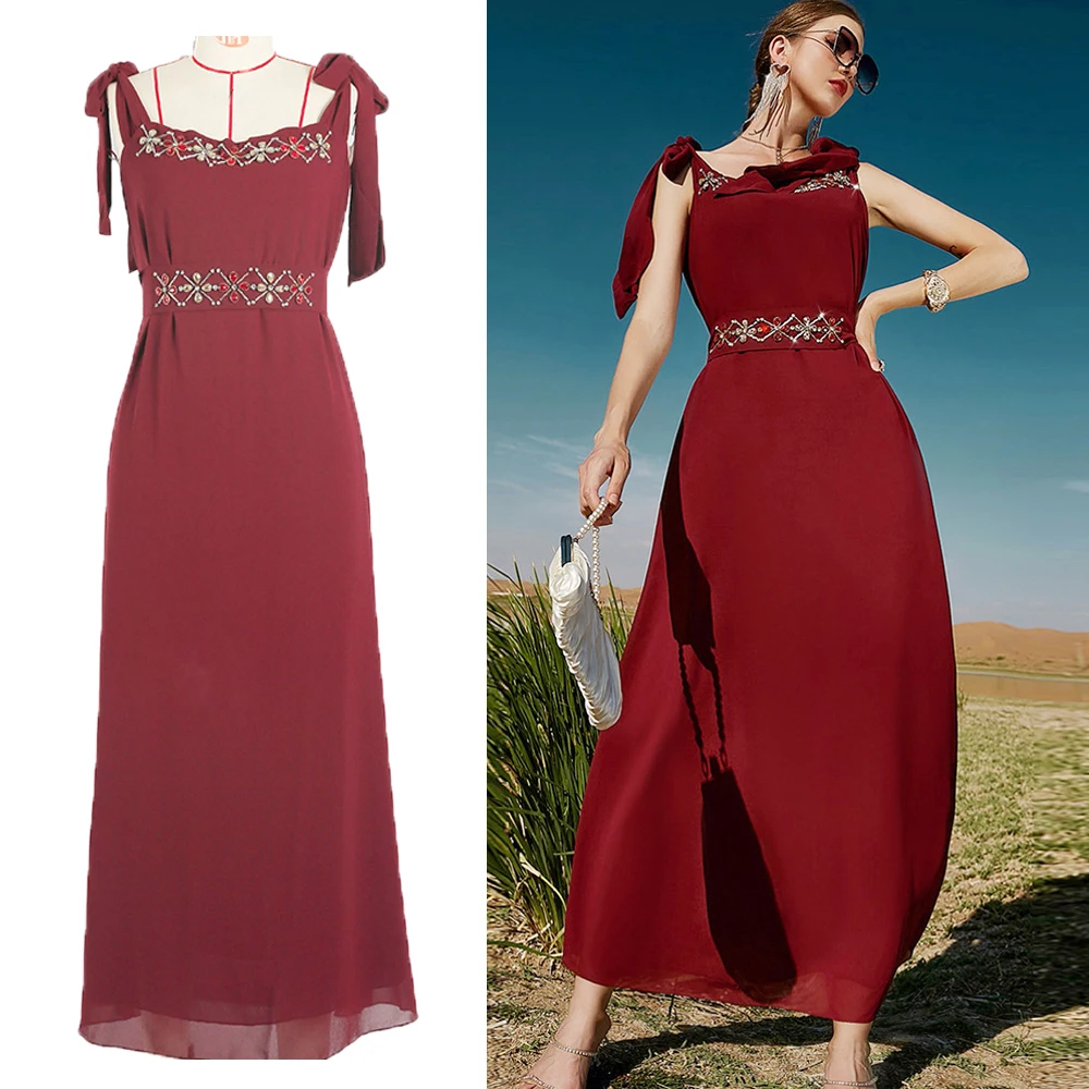 

New Dubai Vintage Sleeveless Summer Maxi Dress Women Luxury Rhinestone Islamic Vestido Ramadan Long Dress Holiday Party Moroccan