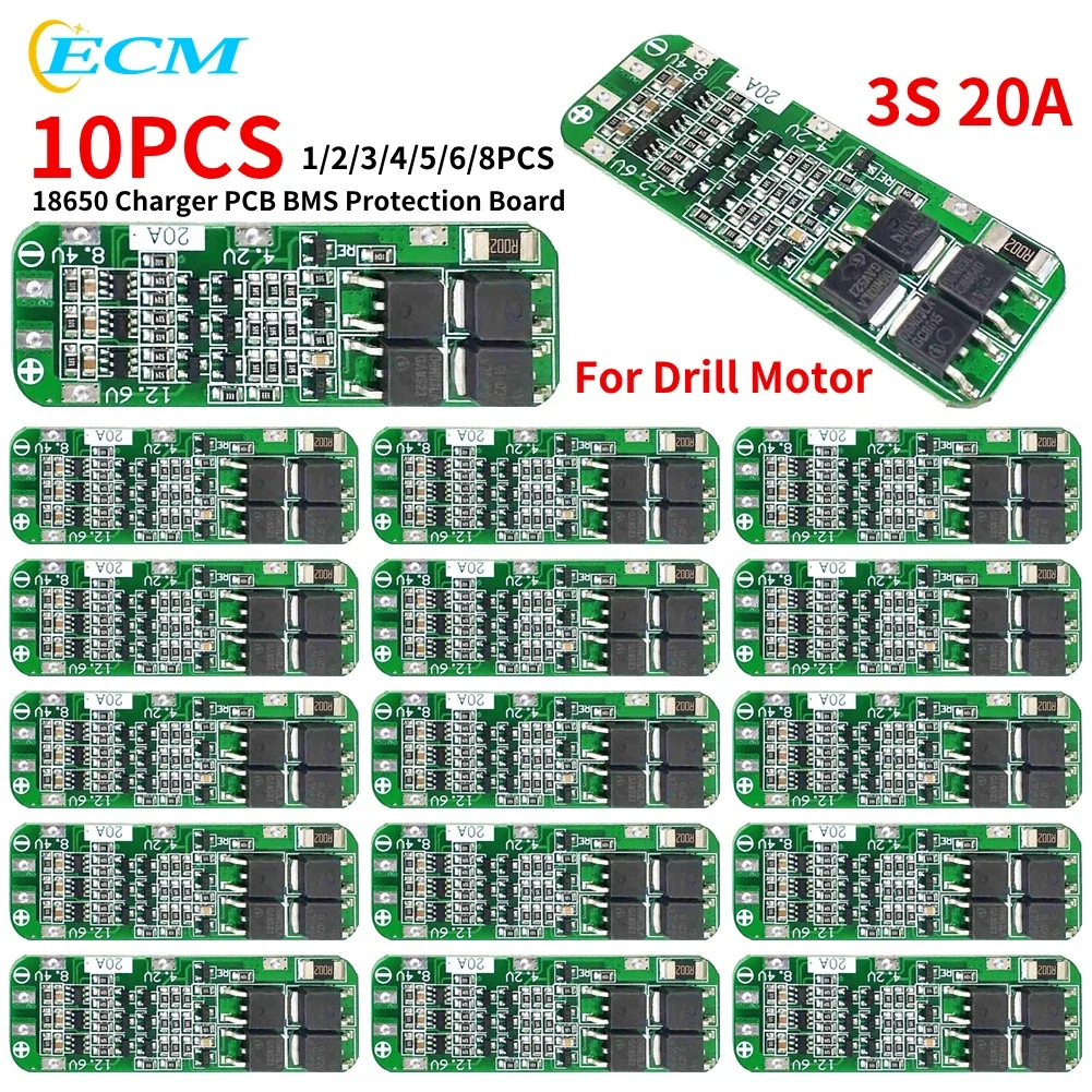 1-10pcs 3S 20A Li-ion Lithium Battery 18650 Charger PCB BMS Protection Board 12.6V 59x20x3.4mm Li-ion Battery for Drill Motor