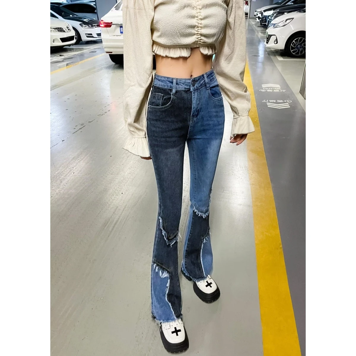 

High Waist Wide Leg Jeans Women's Casual Loose Fit Color Block Denim Pants Spring 2026 Fashionable Versatile High Waist Jeans