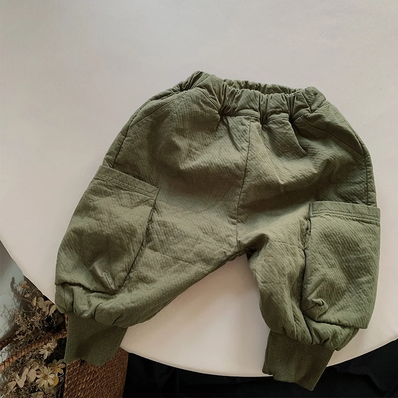 2024 Winter New Children Warm Trousers Solid Kids Casual Pants Plus Velvet Thick Girls Harem Pants Cotton Baby Boys Clothes