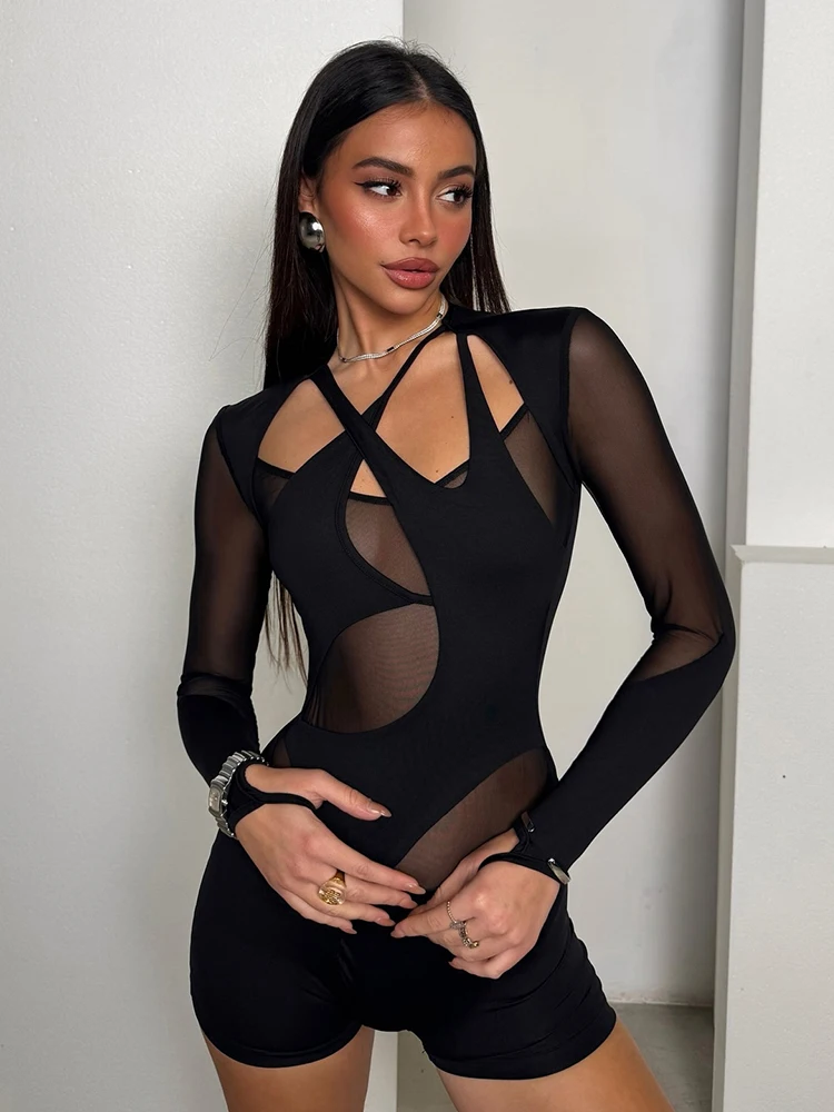 

Nibber Mesh Patchwork Sexy Playsuits Women Cross Neck Full Sleeve Fashion Midnight Party Elasticity Skinny Street Wild Outfits
