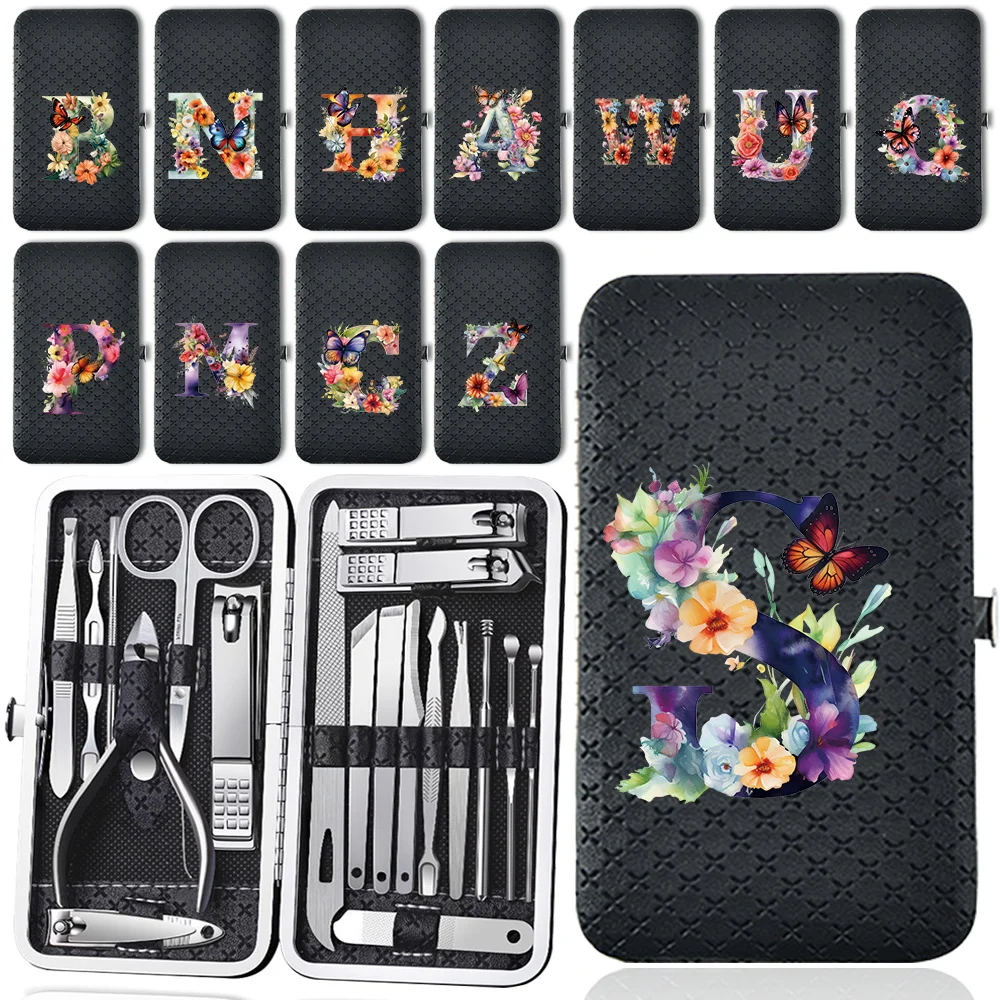 19 Pcs Nail Clippers Set Storage Box Versatile Nail Clippers Set Nail Trimmers Tools Kit Personal Care Butterfly Letter Pattern