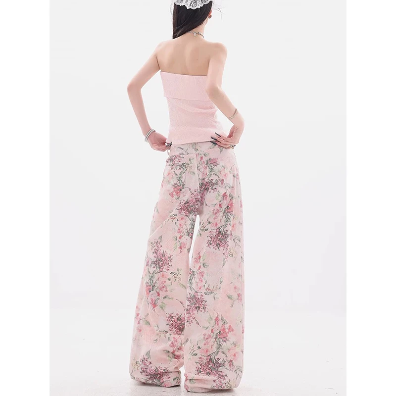 الربيع الصيف عادية واسعة الساق من الأرض إلى السقف السراويل الأمريكية الرجعية المطبوعة زهرة نمط المطرزة الجينز تنوعا السراويل