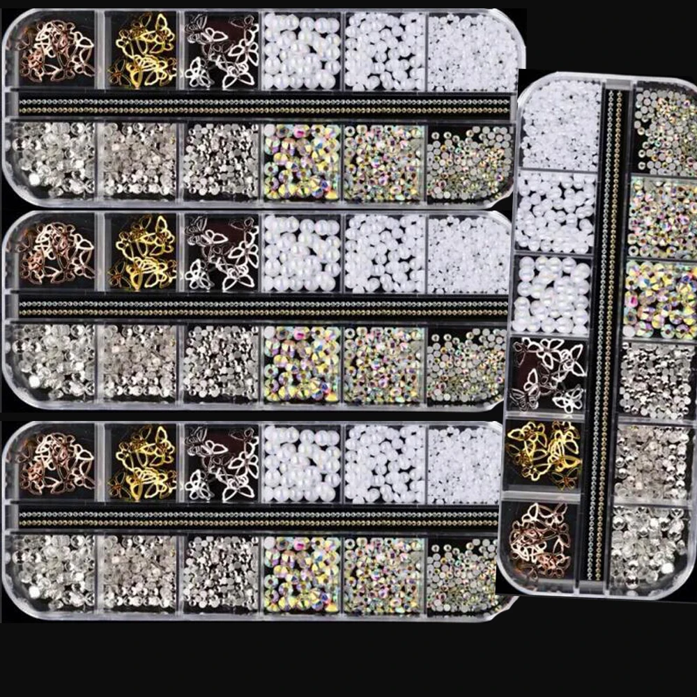 2 Pudełka Mieszanych Mini Diamentów + Kwiatów z Żywicy + Perłowych Ozdób do Paznokci, 12 Przegródek, Różne Rodzaje Akrylowych Kwiatów/Koralików, Elementy do Samodzielnego Wykonania Ozdób do Paznokci
